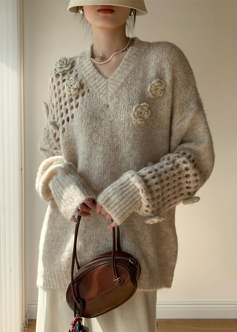 Apricot V Neck Hollow Out Cotton Knit Sweater Spring