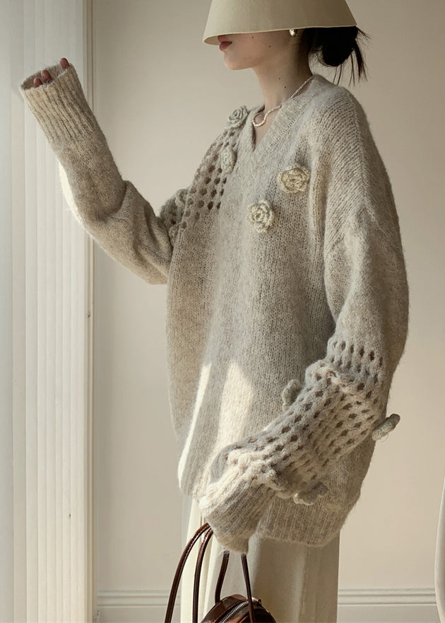 Apricot V Neck Hollow Out Cotton Knit Sweater Spring
