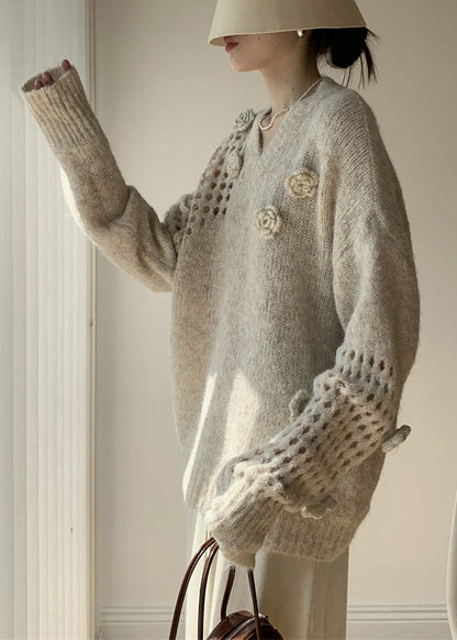Apricot V Neck Hollow Out Cotton Knit Sweater Spring