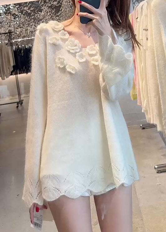 Beige Hollow Out Knit Sweater Spring
