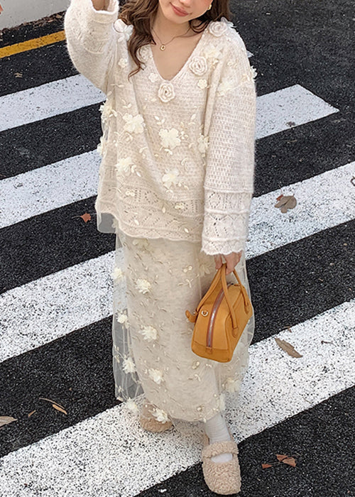 Beige Hollow Out Sweaters and Skirts Patchwork Knit Two Piece Set Spring
