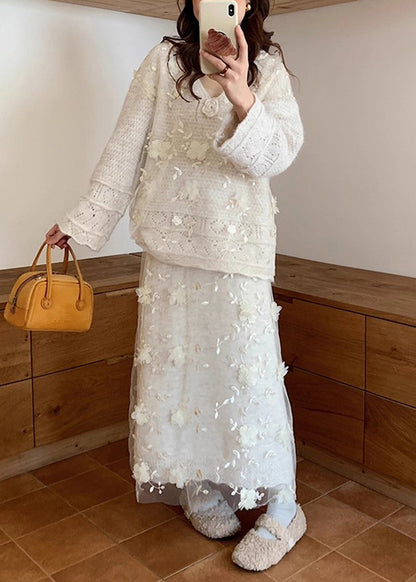 Beige Hollow Out Sweaters and Skirts Patchwork Knit Two Piece Set Spring