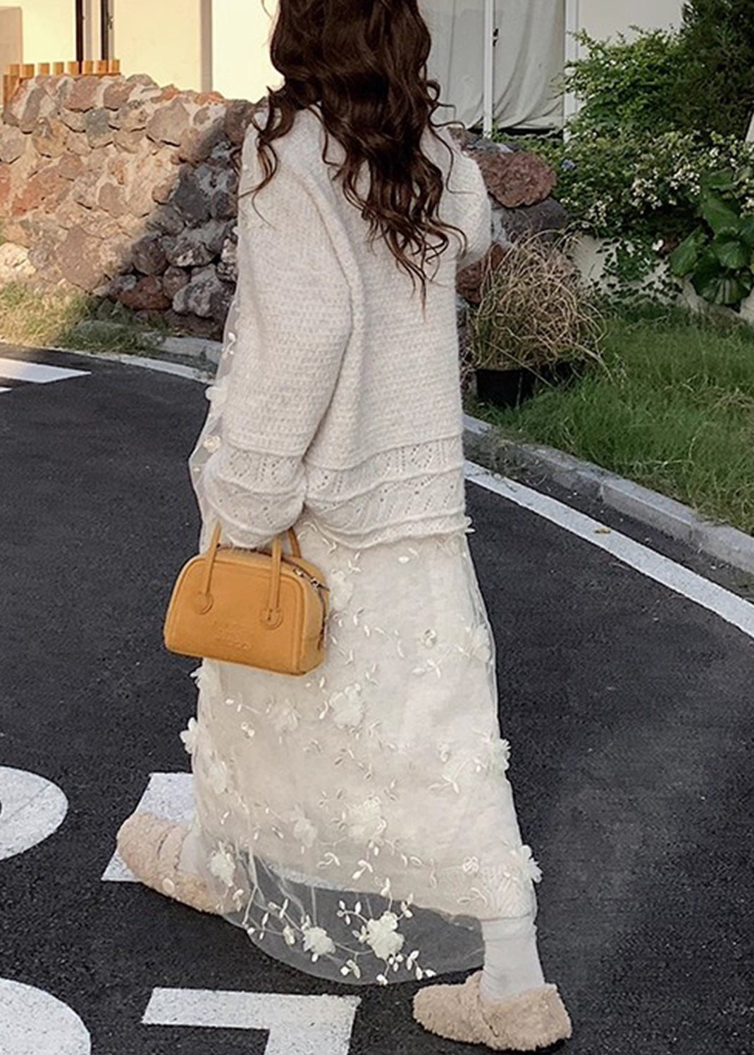 Beige Hollow Out Sweaters and Skirts Patchwork Knit Two Piece Set Spring