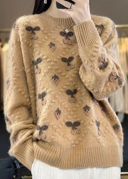 Beige O Neck Cozy Cotton Knit Sweaters Long Sleeve