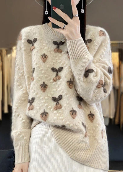Beige O Neck Cozy Cotton Knit Sweaters Long Sleeve