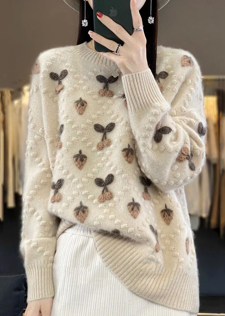 Beige O Neck Cozy Cotton Knit Sweaters Long Sleeve