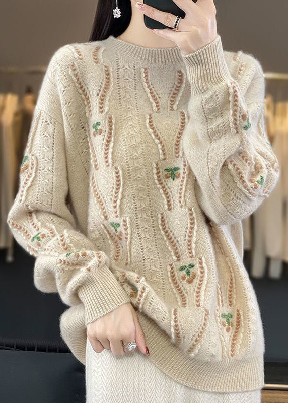 Beige O Neck Hollow Out Cozy Wool Sweaters Spring