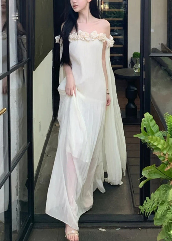 Beige Slash Neck Chiffon Maxi Dresses Summer