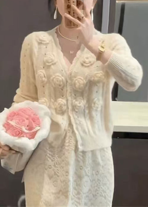 Beige V Neck Hollow Out Knit Cardigans Spring