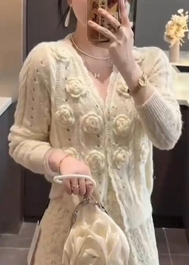 Beige V Neck Hollow Out Knit Cardigans Spring