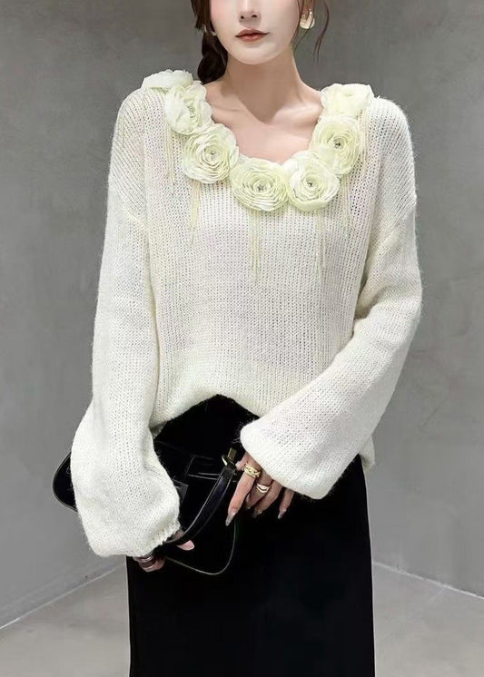 Beige V Neck Nail Bead Cozy Knit Sweater