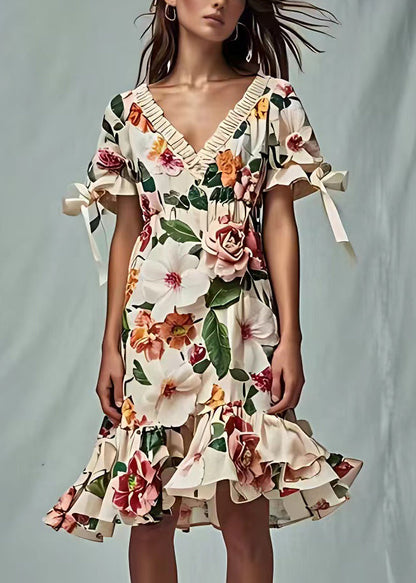 Beige V Neck Print Cotton Dresses Short Sleeve