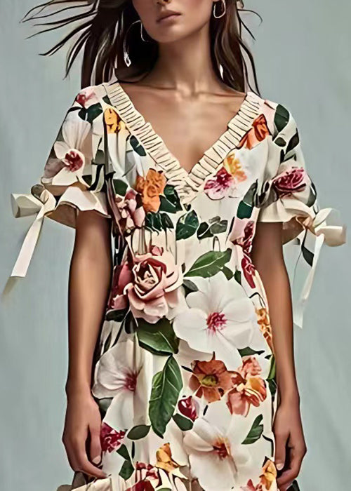 Beige V Neck Print Cotton Dresses Short Sleeve