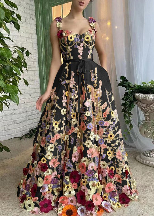 Black Embroidered Lace Up Tulle Dress Sleeveless