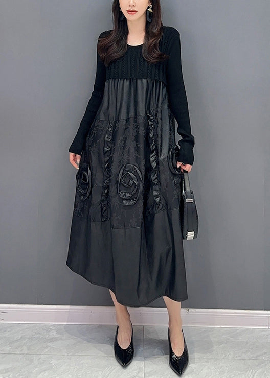 Black Ruffled Knit Patchwork Faux Leather Dress Fall