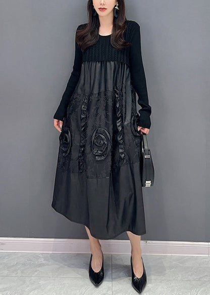 Black Ruffled Knit Patchwork Faux Leather Dress Fall