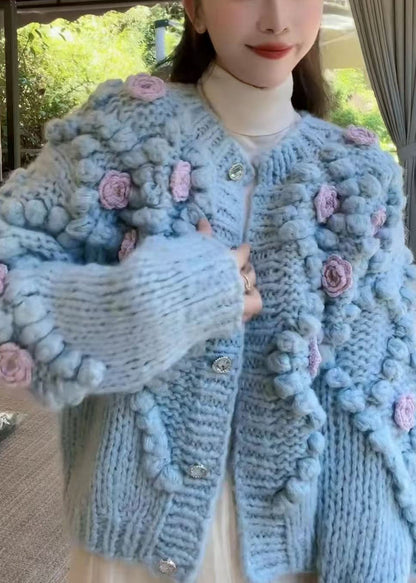 Blue O Neck Button Cozy Knit Coat Spring