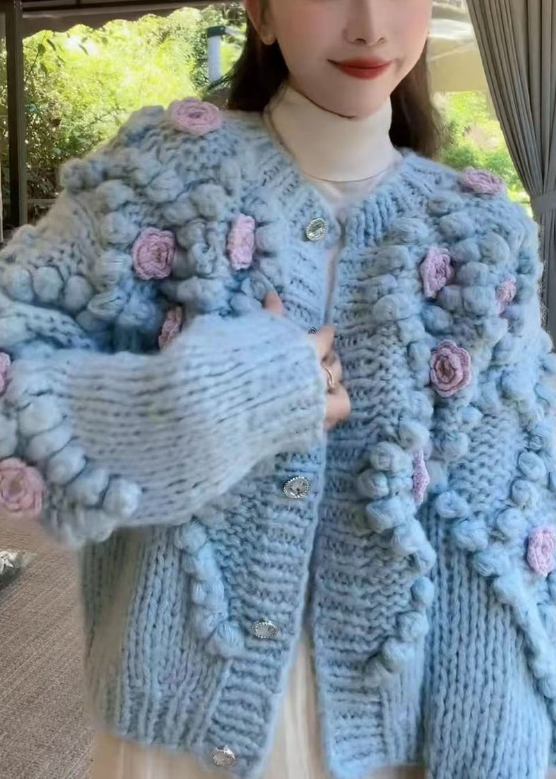 Blue O Neck Button Cozy Knit Coat Spring