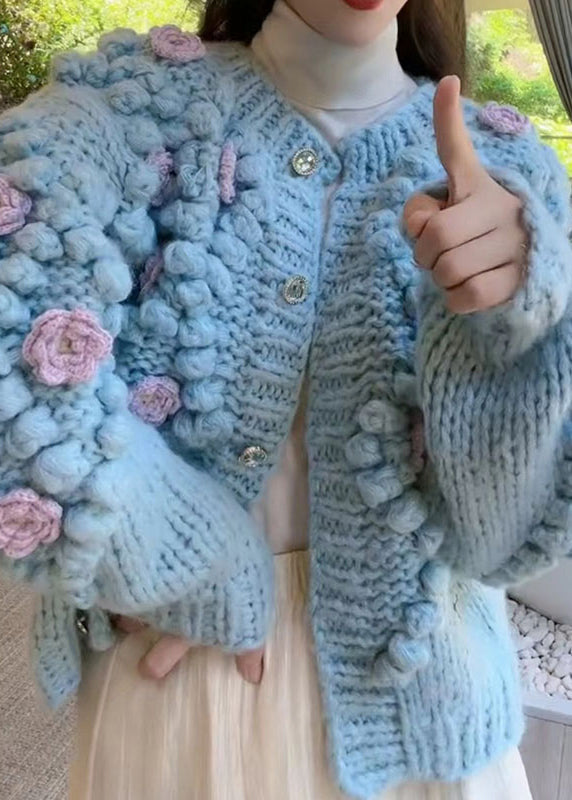 Blue O Neck Button Cozy Knit Coat Spring