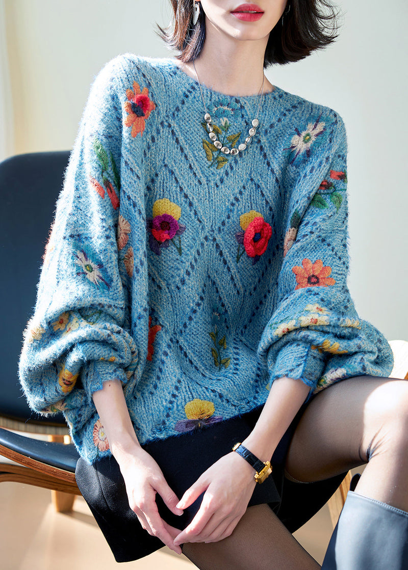 Blue O-neck Hollow Out Knit Sweaters Batwing Sleeve