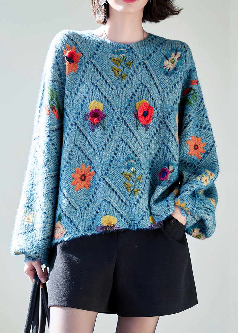Blue O-neck Hollow Out Knit Sweaters Batwing Sleeve