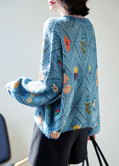 Blue O-neck Hollow Out Knit Sweaters Batwing Sleeve