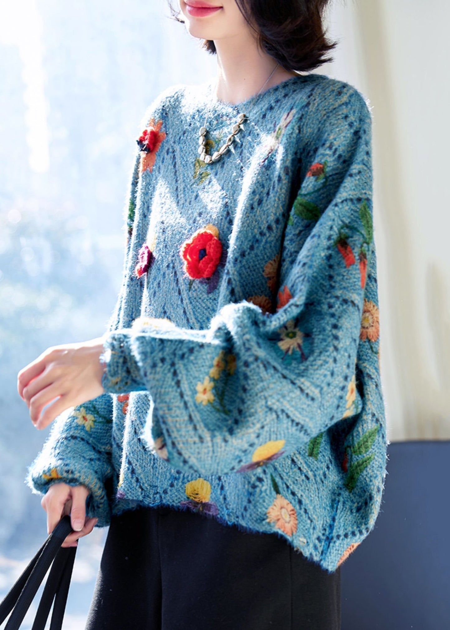Blue O-neck Hollow Out Knit Sweaters Fall