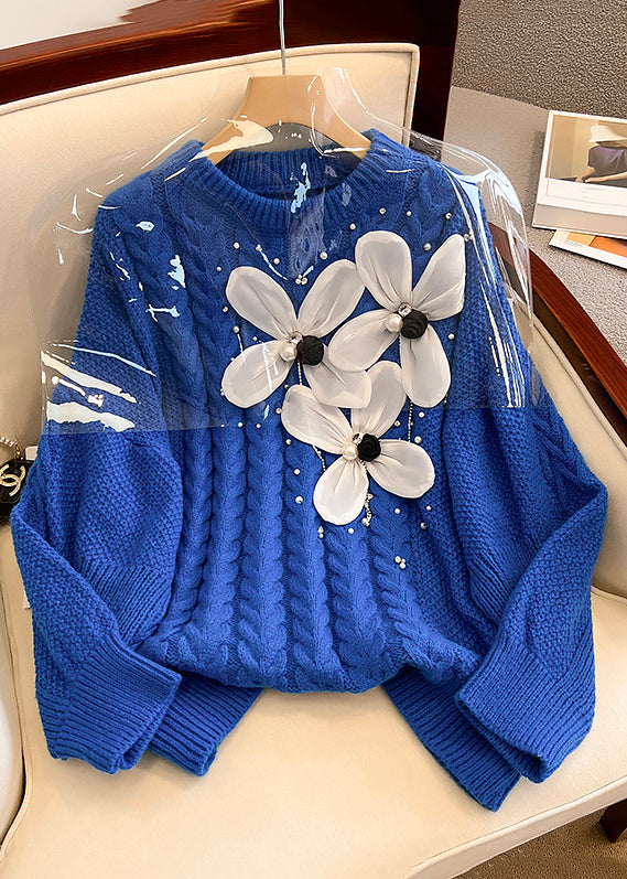Blue O Neck Nail Bead Knit Sweater Spring