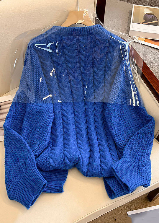Blue O Neck Nail Bead Knit Sweater Spring