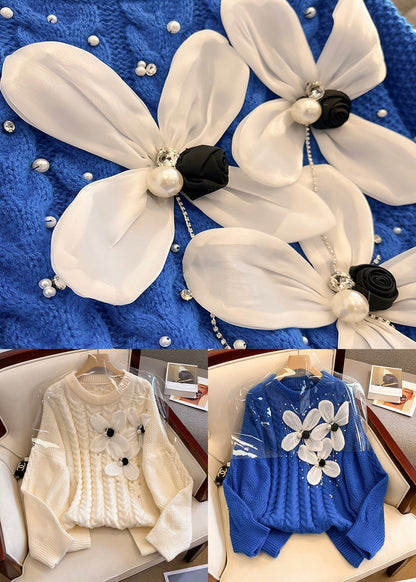 Blue O Neck Nail Bead Knit Sweater Spring