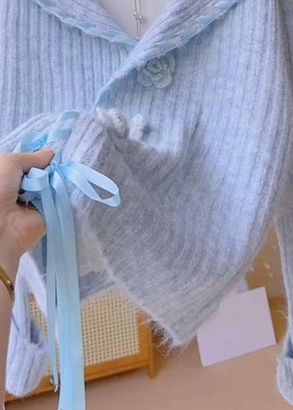 Blue Peter Pan Collar Lace Up Knit Coats Spring