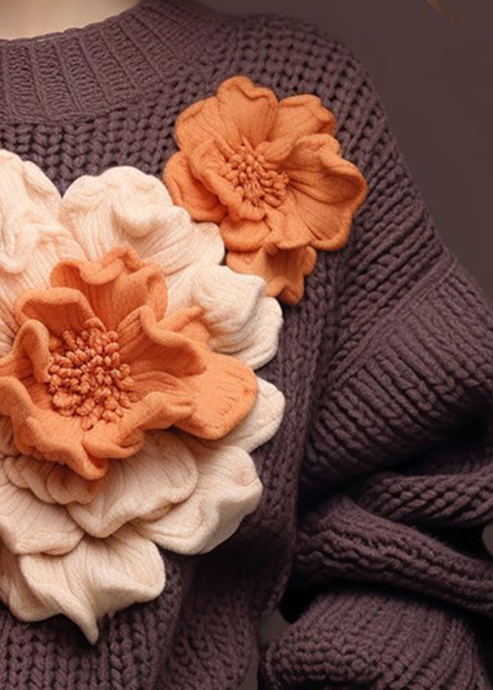 Brown O Neck Cotton Knit Sweaters Fall