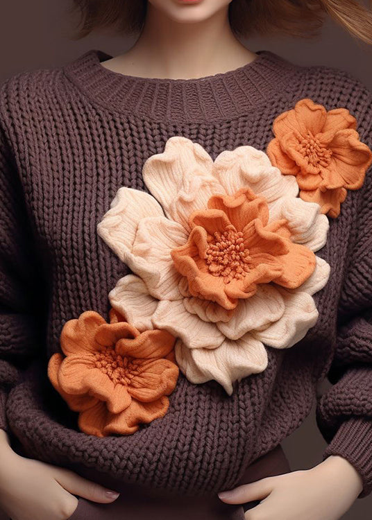 Brown O Neck Cotton Knit Sweaters Fall