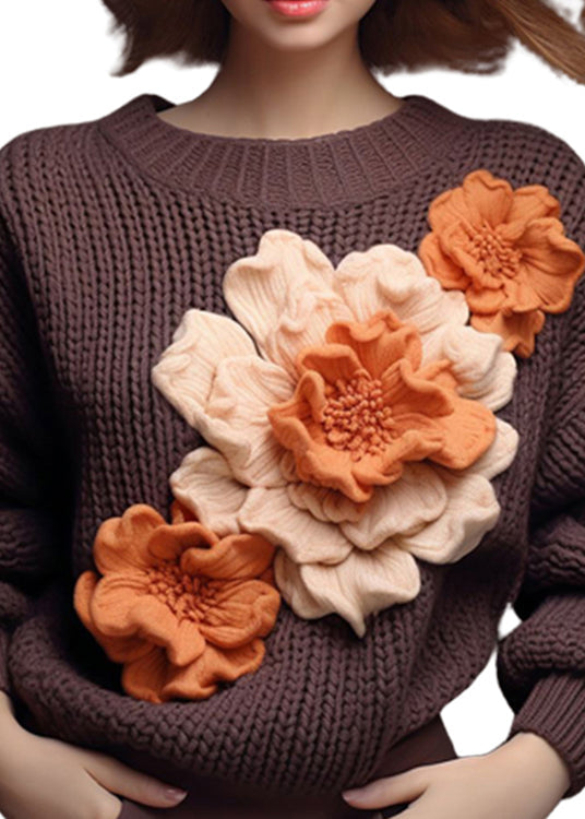 Brown O Neck Cotton Knit Sweaters Fall