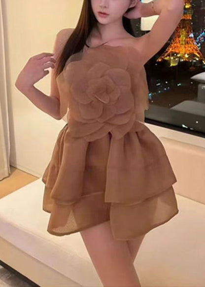 Coffee Cold Shoulder Mini Dresses Sleeveless