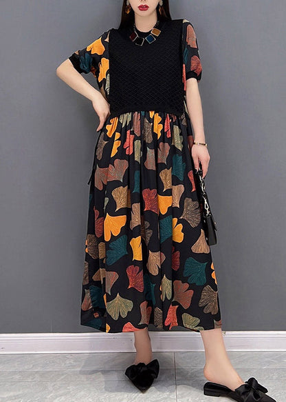Colour O-neck Print Pleated Dress Short Sleeve