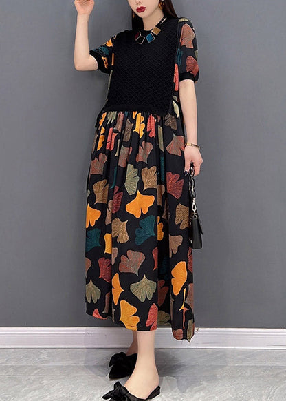Colour O-neck Print Pleated Dress Short Sleeve