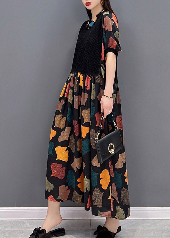 Colour O-neck Print Pleated Dress Short Sleeve