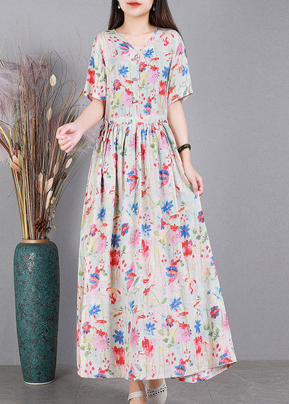 Colour V Neck Print Wrinkled Linen Dress Short Sleeve