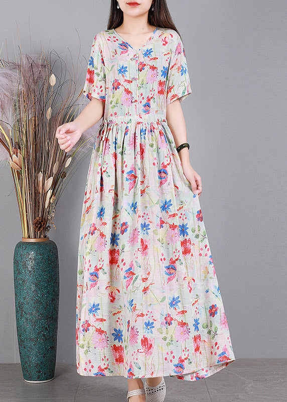 Colour V Neck Print Wrinkled Linen Dress Short Sleeve