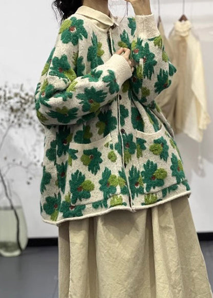 Green Button Pockets Cotton Knit Coats Long Sleeve