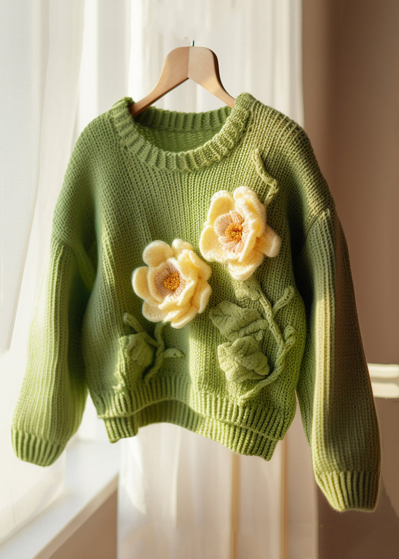 Green O Neck Hollow Out Knit Sweater Fall