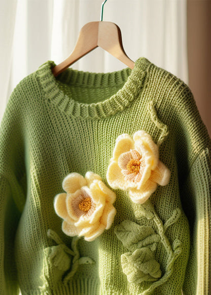 Green O Neck Hollow Out Knit Sweater Fall