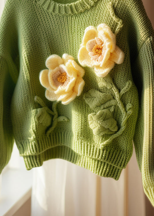 Green O Neck Hollow Out Knit Sweater Fall