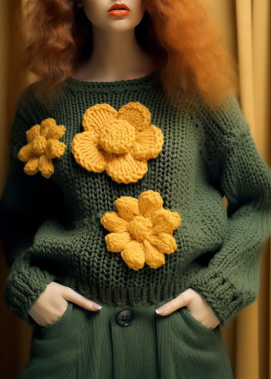 Green O Neck Hollow Out Cotton Knit Top Fall