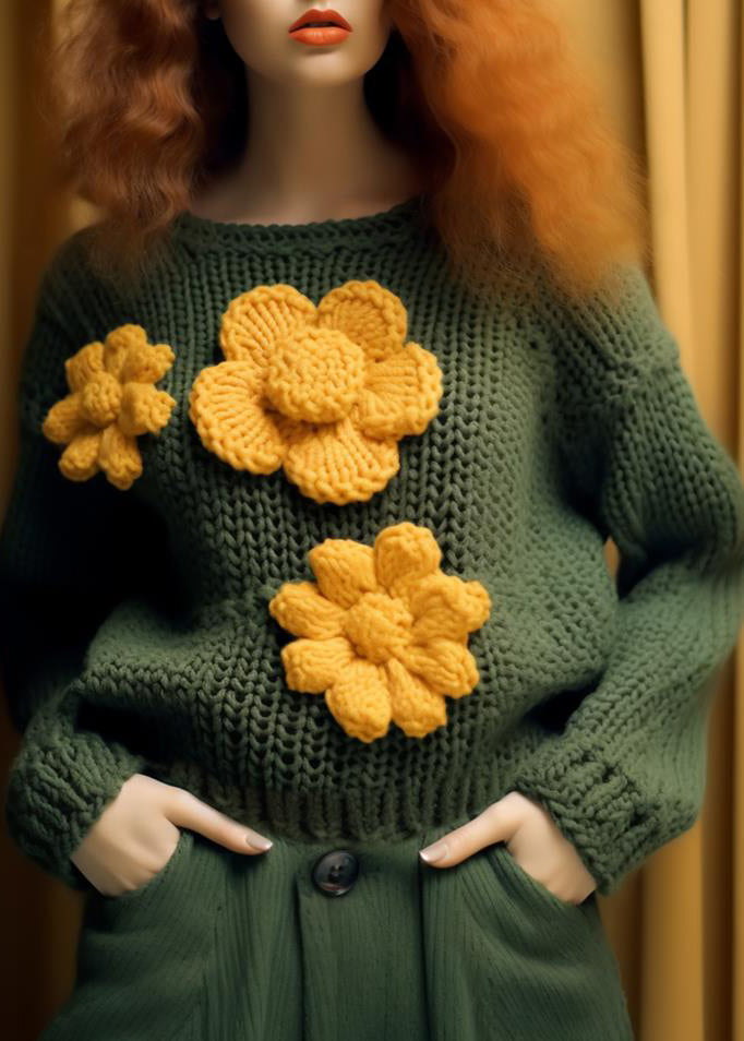 Green O Neck Hollow Out Cotton Knit Top Fall