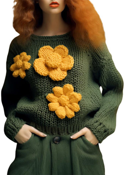 Green O Neck Hollow Out Cotton Knit Top Fall
