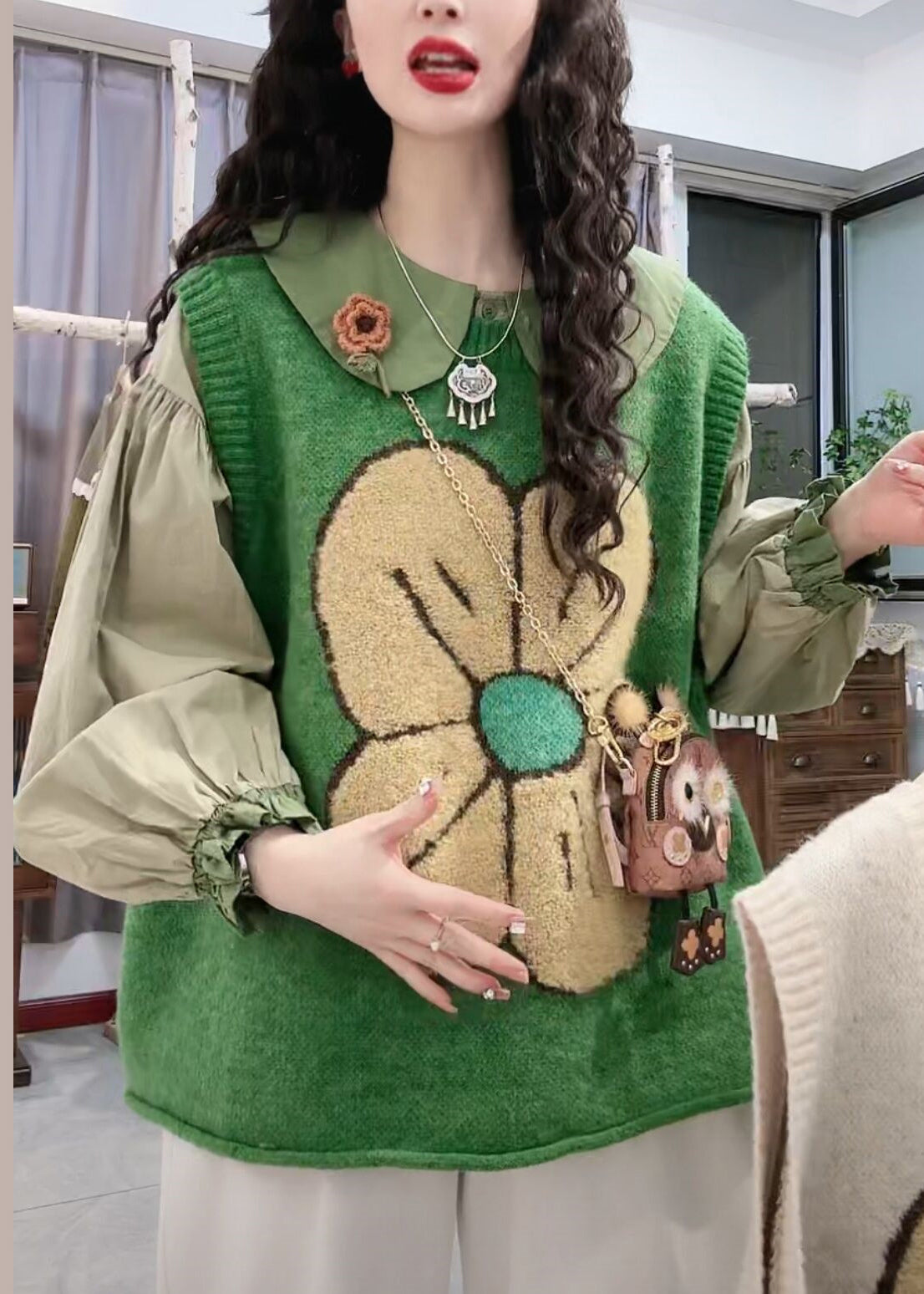 Green O Neck Patchwork Cozy Knit Waistcoat Sleeveless