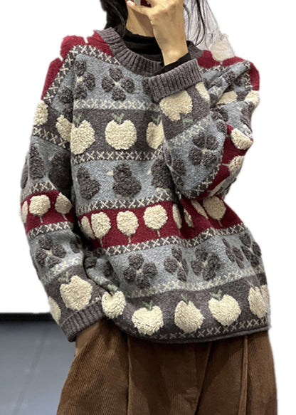 Grey O Neck Patchwork Cozy Cotton Knit Sweaters Long Sleeve