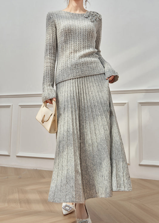 Grey O Neck Sweaters and Maxi Skirts Cable Knit Two Pieces Set Flare Sleeve